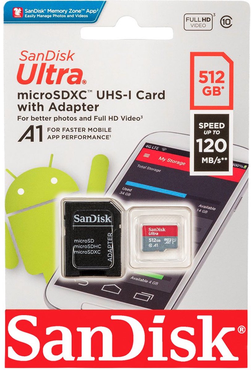 SanDisk MicroSDHC Ultra 512GB 120 MB/s CL10 A1 UHS-1 + SD Ad