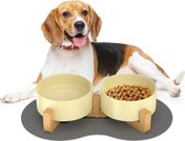 Doppel 850ml Hundenapf Keramik Futternapf Fressnapf Hund Erhöht Futterschüssel mit Bambus Ständer und rutschfestem Matte für mittelgroße und große Hunde Futter- und Wassernapf (Beige)
