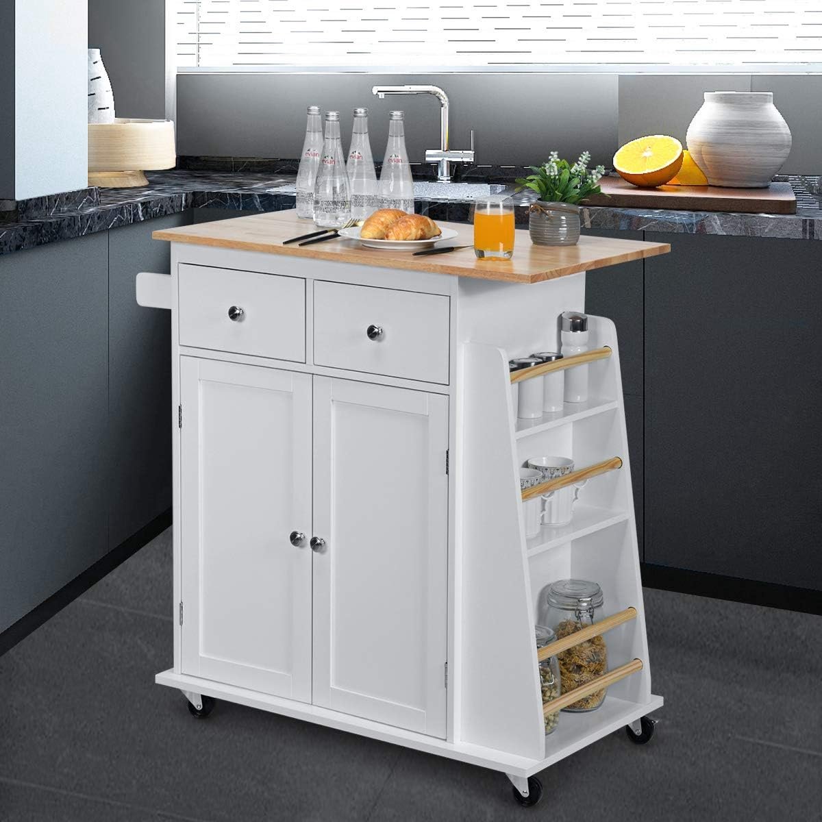 GOPLUS Keukeneiland met wielen, serveerwagen met 2 laden, 3-laags kruidenrek, handdoekhouder kast, gomhout werkblad & vastzetbare wielen voor eetkamer keuken (Zwart