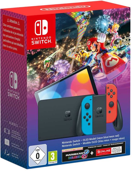 Nintendo Switch OLED - Mario Kart 8 Deluxe + 3 maanden Online Lidmaatschap Bundel - Blauw/Rood cadeau geven