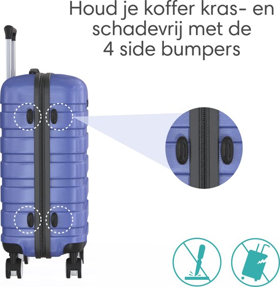 Blauwe Voyageux reiskoffer met vier ronde 'side bumpers' voor bescherming tegen krassen en schade, met een detailweergave.