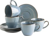 Serie Nottingham Vintage koffiekopjes, set voor 4 personen, schoteltjes met onregelmatige rondingen in retro look, steengoed, blauw-grijs