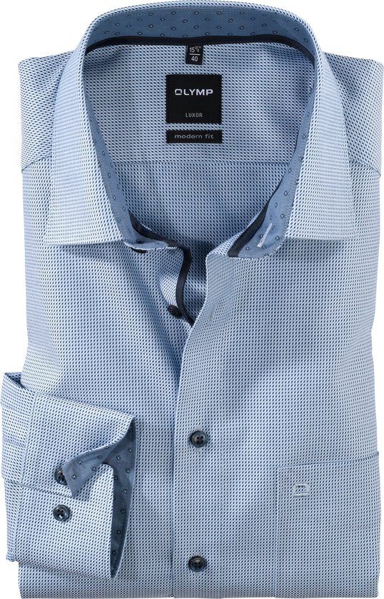 OLYMP modern fit overhemd - popeline - blauw met wit dessin - Strijkvrij - Boordmaat: 40
