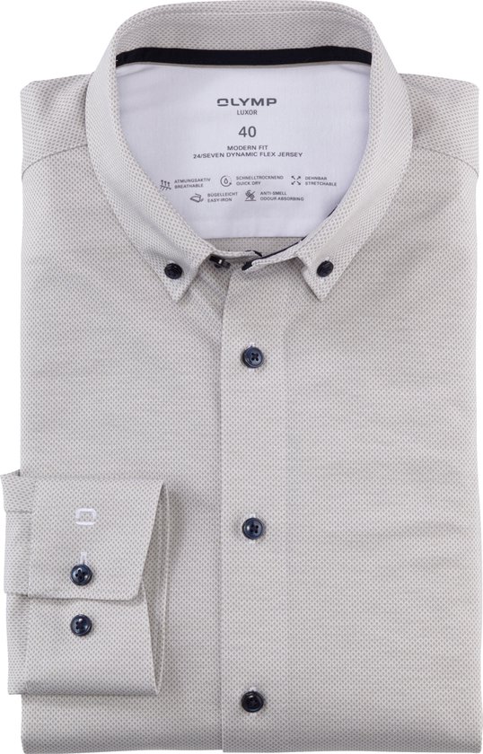 OLYMP Luxor 24/7 modern fit overhemd - structuur - taupe dessin - Strijkvriendelijk - Boordmaat: 41