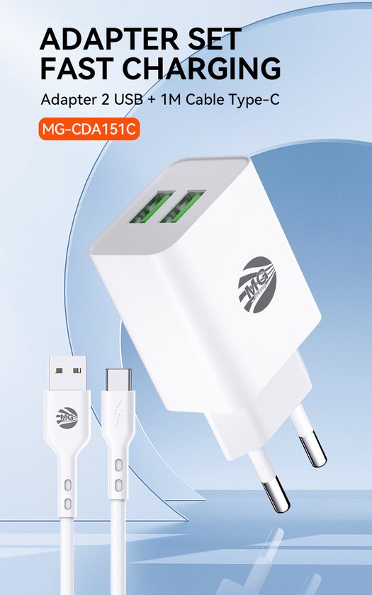 MG - Adaptateur USB avec câble - 2,4 A - Chargeur rapide avec câble - 2x Port USB avec câble de 1 m - USB vers Type-C - Wit