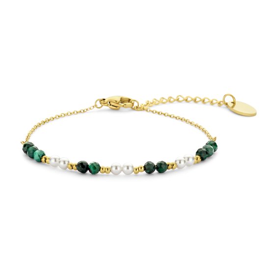 CO88 Collection 8CB-91299 Kralen Armbandje - Armband - Kraaltjes - 2mm - Pareltjes - 3mm - 16,5+3cm - Groen - Wit - Goudkleurig