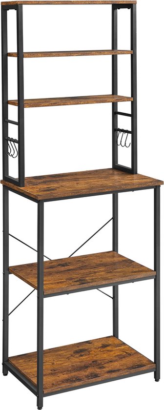 Keukenplank, staande plank met planken, met 6 haken en metalen frame, plank voor magnetron, industrieel ontwerp, 40 x 60 x 167 cm, vintage bruin-zwart