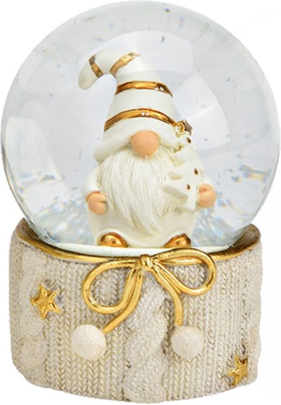 Sneeuwbol Winterkabouter wit en goud met sparretje in de hand 9cmHx6.5cmØ