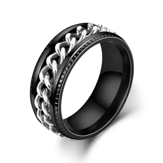 Zwarte ring met een zilverkleurig, draaibaar schakelmotief in het midden.