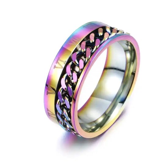 Zilverkleurige ring met parelmoerachtige regenboogkleuren, Romeinse cijfers en een draaibare schakelband.