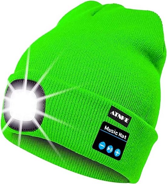 Muts met LED verlichting - Bluetooth muziek functie - Beanie Fel Groen - USB-oplaadbaar - 4 helder licht LED lampen - 3 standen - One-size - Unisex - Wasbaar