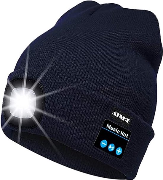 Muts met LED verlichting - Bluetooth muziek functie - Beanie Marine Blauw - USB-oplaadbaar - 4 helder licht LED lampen - 3 standen - One-size - Unisex - Wasbaar