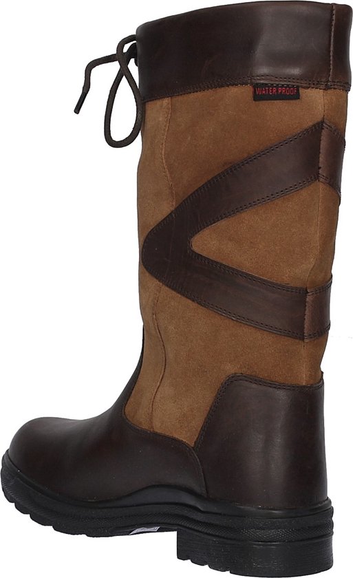 Bruine leren laars met bruine suède schacht, 'WATER PROOF' label en veters.