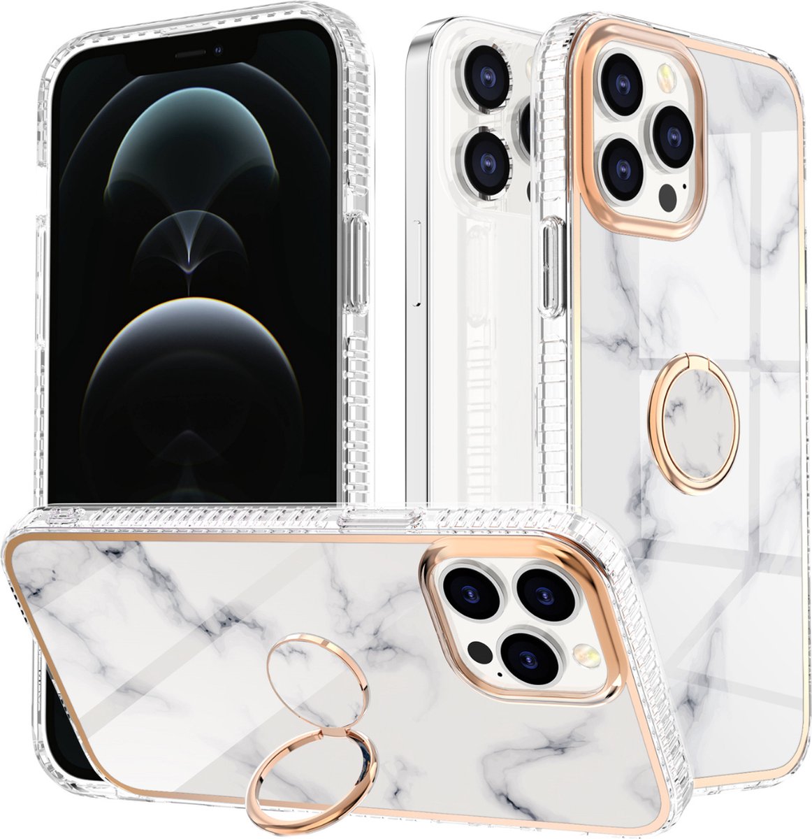 Hoozey - Hoesje geschikt voor Apple iPhone 15 Pro - Marble Ring Case - Hoes met magnetische ringhouder - Wit