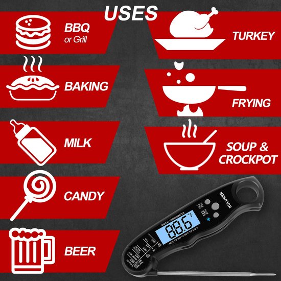 Rixora® - Vleesthermometer - BBQ Thermometer - Kernthermometer - Suikerthermometer - Keukenthermometer - Digitaal – Draadloos - Waterdicht - Zwart - Rixora