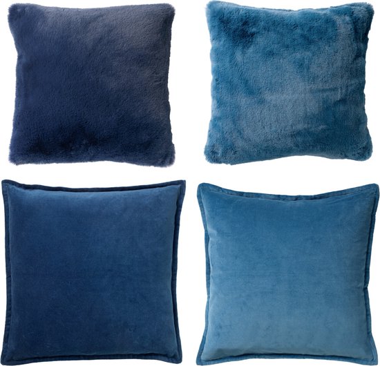 Dutch Decor - Set de 4 coussins décoratifs - Essentials - Bleu foncé - Blauw - Zaya 45x45 + Caith 50x50 - y compris coussins intérieurs - velours - Fausse fourrure super douce
