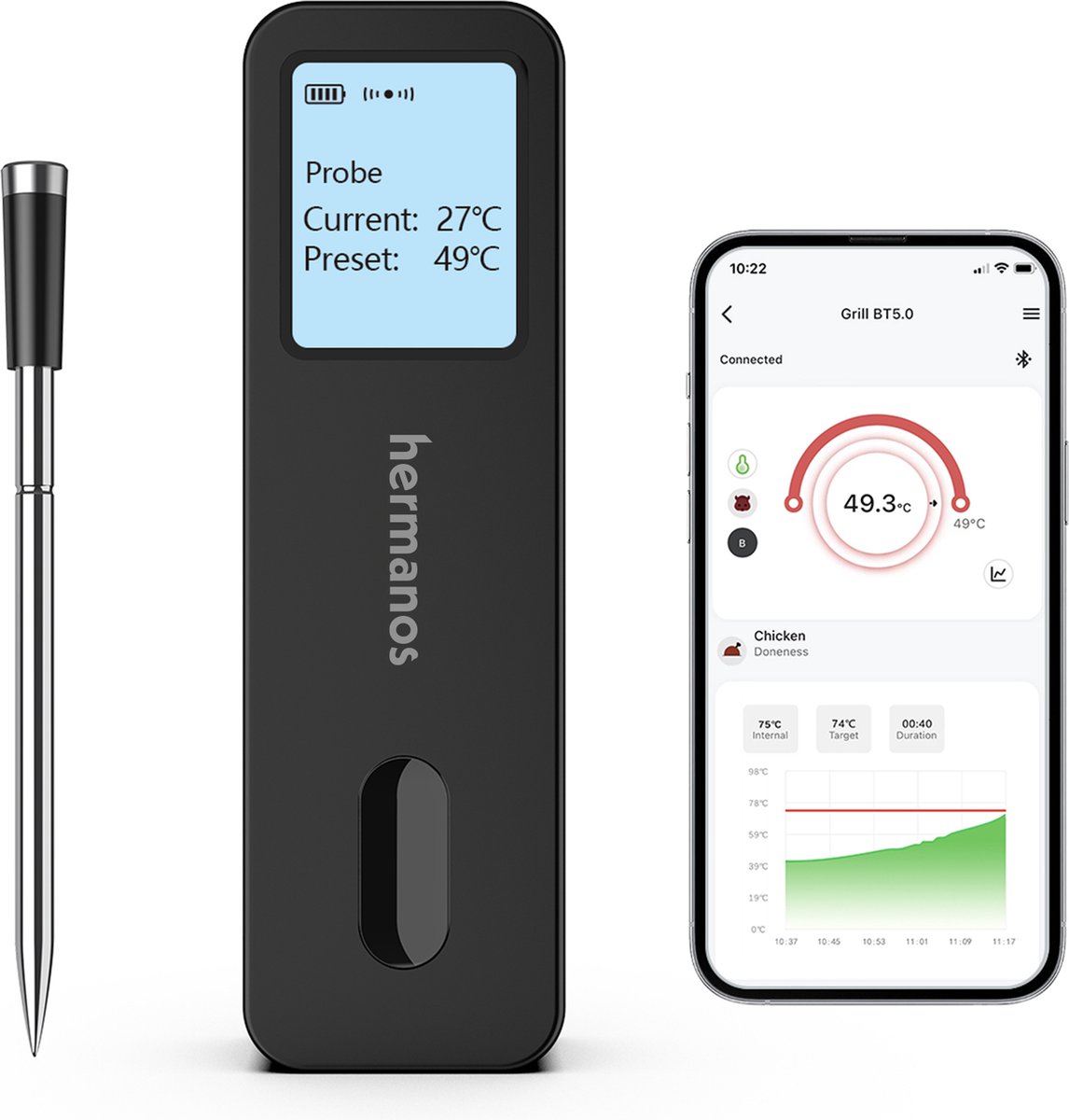 Hermanos® Vleesthermometer - Draadloze BBQ Thermometer met App - Overthermometer - Kernthermometer - 1 Sonde - met Bluetooth - RVS - HMNWT04 - Hermanos