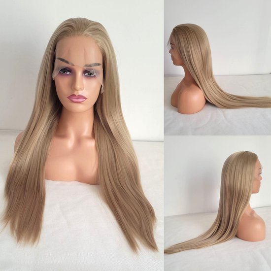 Foto: Frazimashop honing blond pruik hittebestendig 24 inch pruiken dames lang steil haar front lace wig 13x4 luxe steil pruik 65 cm