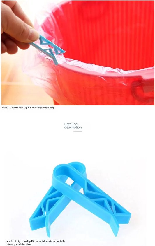 Detailfoto van blauwe plastic vuilniszakclips. In de bovenste afbeelding worden clips aan een rode prullenbak bevestigd.