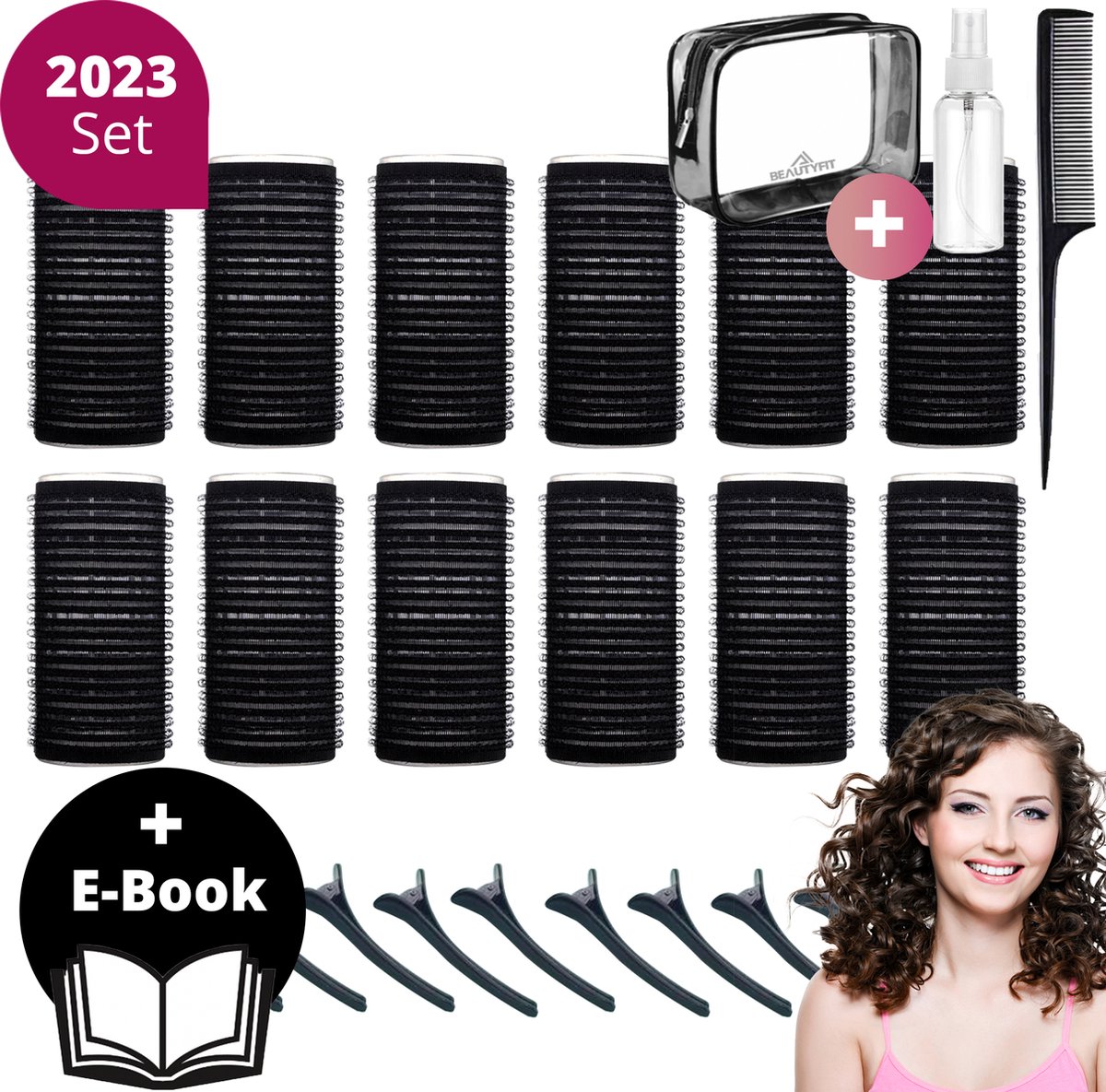 BeautyFit® - Kleefrollers 27-delig - Inclusief E-book - Heatless Curls + Waterspray + Haarkam + Opbergbag - Krulspelden - Krulspelden Rollers - Krullen Zonder Hitte - Haar rollers Zelfklevend - Zwart