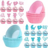 16 cupcake prikkers Baby Girl en Baby Boy roze en blauw met 16 roze en blauwe cupcake bakjes - genderreveal - cupcake topper - babyshower