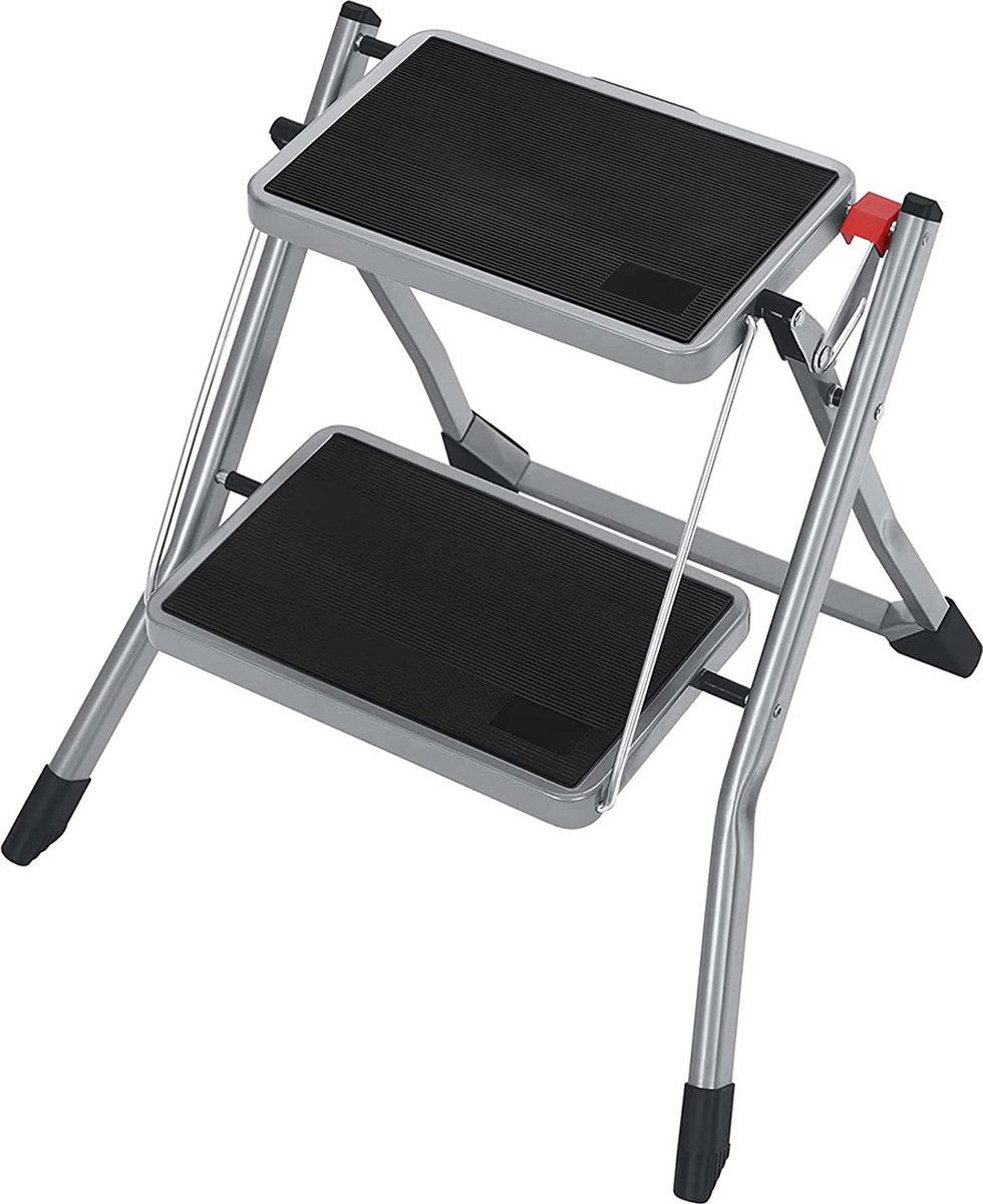 2-sporten ladder, vouwladder, sportbreedte 20 cm, antislip rubber, met handvat, draagvermogen 150 kg, staal, grijs en zwart