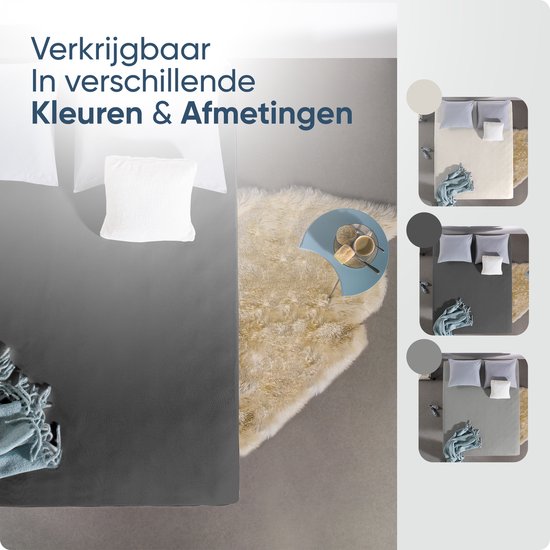 Donkergrijs hoeslaken op een bed. Andere kleuren en afmetingen in kleine afbeeldingen.