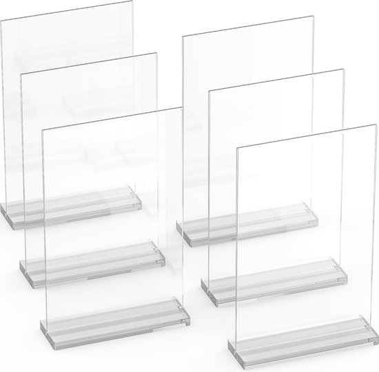 Dasher Products Zilveren fotolijsten, dubbelzijdig A6 - 6 stuks - acryl zilveren tafelnummerhouders, transparante ezeltafelstandaards voor borden, menuhouder, fotolijst