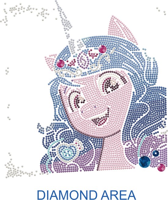 Image d'Izzy Moonbow, un poney violet aux cheveux bleus scintillants, décorée de strass.