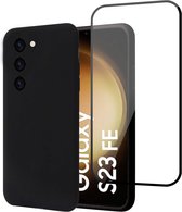 Hoesje + Screenprotector geschikt voor Samsung Galaxy S23 FE – Full Screen Tempered Glass - Liquid Back Case Cover Zwart