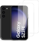 Geschikt voor Samsung Galaxy S23 FE - Hoesje + 2x Screenprotector – Gehard Glas Cover - Suède Case Zwart