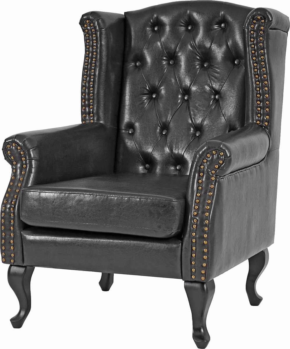 Cosmo Casa Fauteuil - Relaxfauteuil - Clubfauteuil - Oorfauteuil - Chesterfield - Imitatieleer - Zwart - Zonder voetenbank