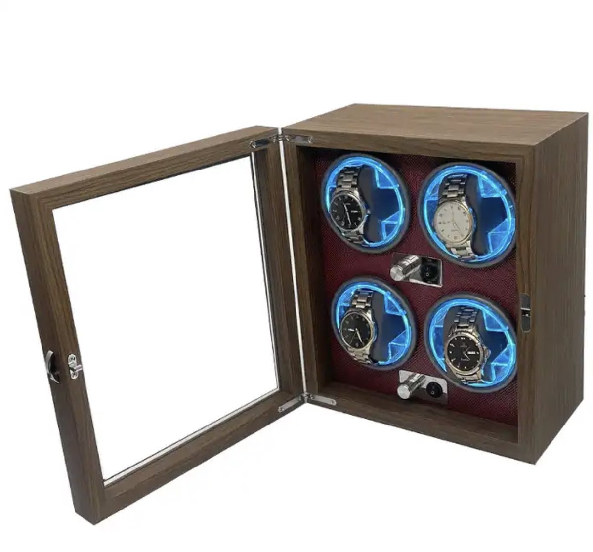 Watchwinder Hout met LED - Horloge Opwinder - Automatische Horloge Winder voor 4 horloges - Horlogebox - Rood - Valentijnsdag cadeau