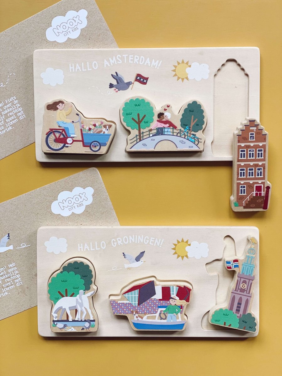 NOOX City Kids Hallo Amsterdam - Houten baby puzzel met chunky blocks - Fijne motoriek