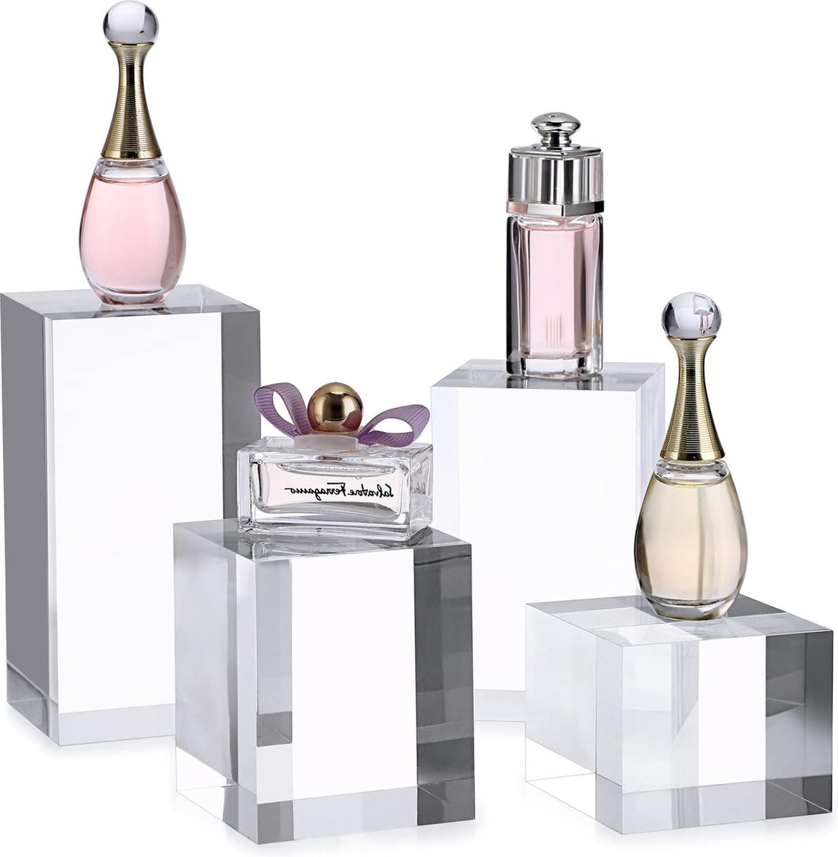 SUMTree Set of 4 Square Display Stands Made of Transparent Acrylic for Perfume Bracelet Watch Earring Photographic Props Decoration 5 x 5 x 4/6/8/10 cm
