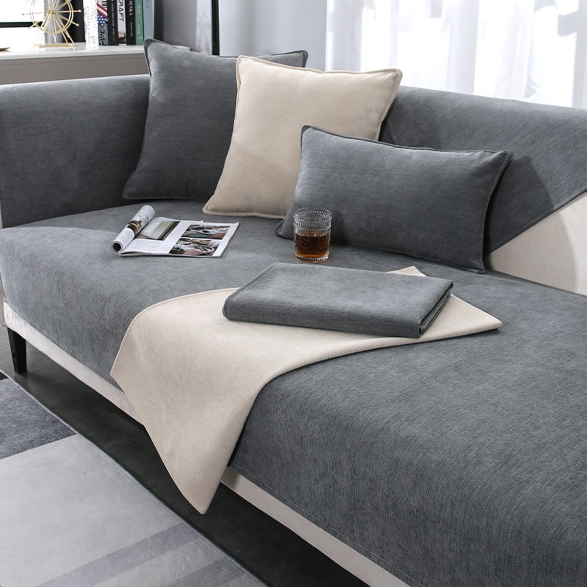 SHANNA Bankhoes voor 1 /2 /3 zits zitmeubel, zacht, melkfluweel, universele bankhoezen, antislip hoekbankhoes, L vormige bankhoezen, meubelbeschermer voor woonkamer (donkergrijs, 1 stuk, 70 x 210 cm