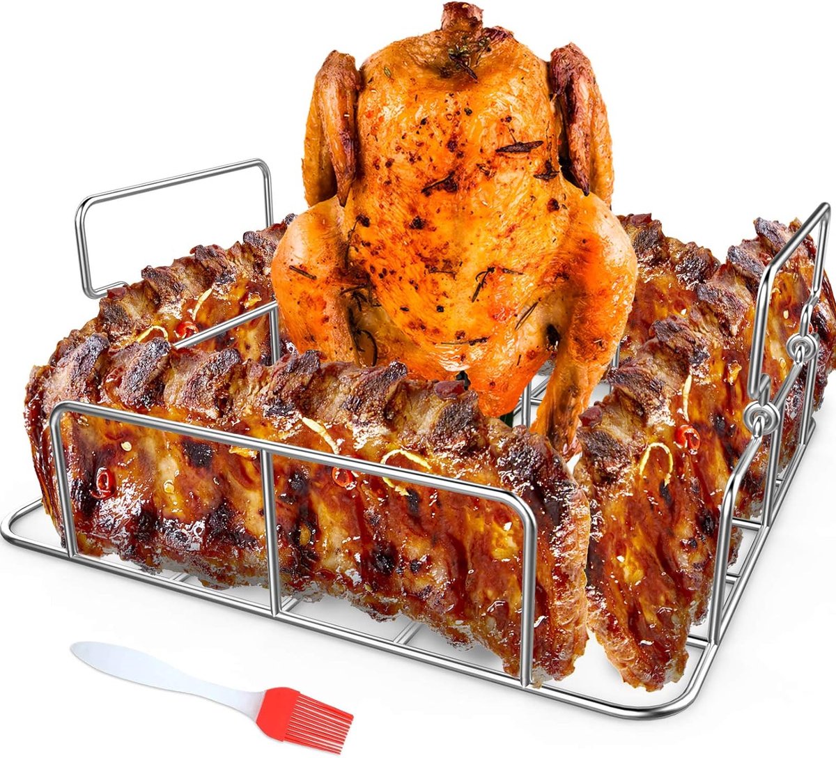 Chicken Roaster en Rib Rack met siliconen olieborstel, vierkante roestvrijstalen grillstandaard voor roker, oven en grill, kook maximaal 4 ribben en een hele kip tegelijkertijd. - Merkloos