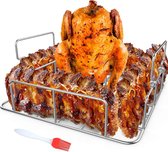 Rôtissoire à poulet et Rack à côtes avec brosse à huile en silicone, support de gril carré en acier inoxydable pour fumoir, four et grill, faites cuire jusqu'à 4 côtes et un poulet entier en même temps.