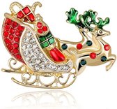 Kerstbroche met Arreslee - Goudkleurige broche met Rendieren - Gekleurd strass