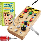 Houten Montessori Busy Board met LED-lichtschakelaar en schroevendraaiergereedschap, sensorisch speelgoed voor peuters van 3 jaar en jongens, reisactiviteit en educatief leerspeelgoed