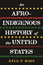 Boekomslag 'An Afro-Indigenous History of the United States' met gele sterren, rode zigzaglijnen, groene schildpadjes en witte tekst.
