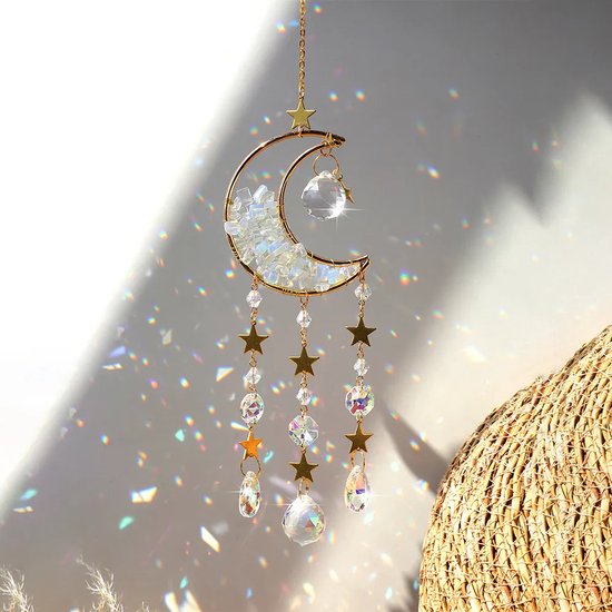 Cosy Casa® - Crystal Moon Suncatcher - Transparent - Crystal Suncatcher - Couleur Or - Décoration de fenêtre - Moon Suncatcher - Cristaux - Suncatcher - Pierre précieuse - Améthyste - Machic - Pierre précieuse - Spirituel