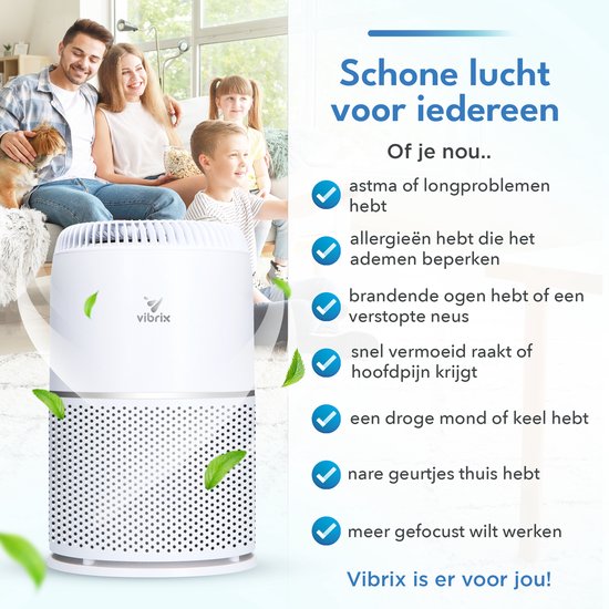 Vibrix Vortex20 Luchtreiniger - 275m3/u - Air Purifier met Ionisator - Hepa Filter + Koolstof Filter - Luchtfilter tegen stof, hooikorts, allergie en huisstofmijt - Slaapstand en luchtkwaliteit indicator