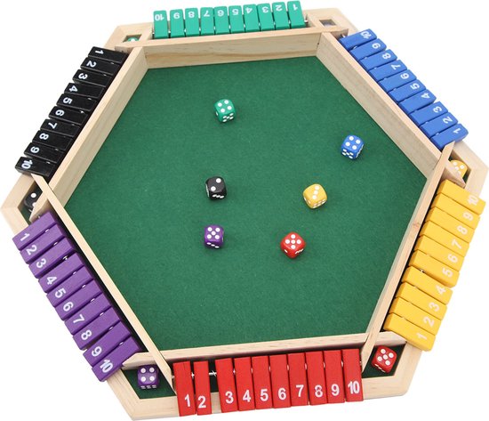Houten shut the box spel met groen speelveld. Zijkanten met paarse, blauwe, gele, rode, zwarte en groene schuifjes genummerd 1-10. Zeven dobbelstenen.