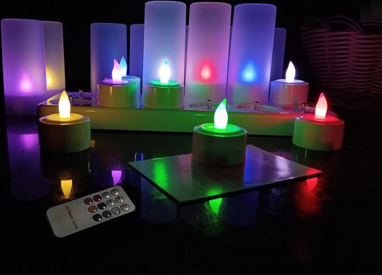 Synergy - Oplaadbare waxinelichtjes - LED Waxinelichtjes - 12 stuks - Met afstandsbediening - Verschillende kleuren - Inclusief houders - Flikkeren - Oplaadbare kaarsen - Oplaadbare theelichtjes