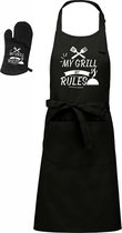 Luxe BBQ- en keukenschort - tesktschort - My grill, my rules - 76 x 90 cm - verstelbaar en voorvak - met barbecue handschoen - one size - zwart