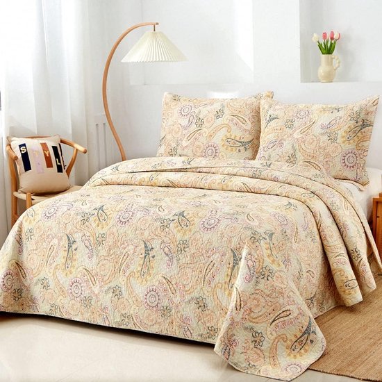 Cotton Bedspread 220 x 240 cm, Bed Throw 230 x 250 cm for Double Bed with Yellow Paisley Floral Pattern, All-Year Duvet Sofa Throw Quilted Blanket Quilt with 2 Pillowcases