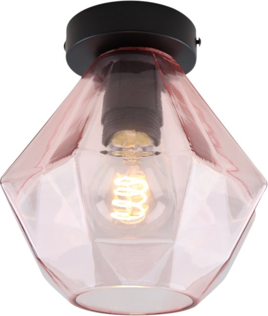 Olucia Anoek - Retro Plafondlamp - Aluminium/Glas - Roze;Zwart - Overig - 20 cm