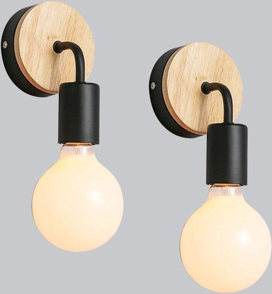 Delaveek- 2 delige houten wandlampen binnen - E27 voet - Moderne wandlampen - Zwart -Ijzer