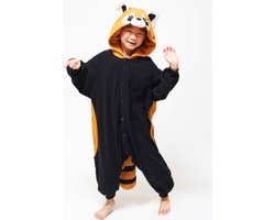 KIMU® Onesie Rode Panda Wasbeer Pak - Maat 152-158 - Wasbeerpak Kostuum Bruin - Kinder Huispak Pyjama Jongen Meisje Overall Fleece Raccoon Festival